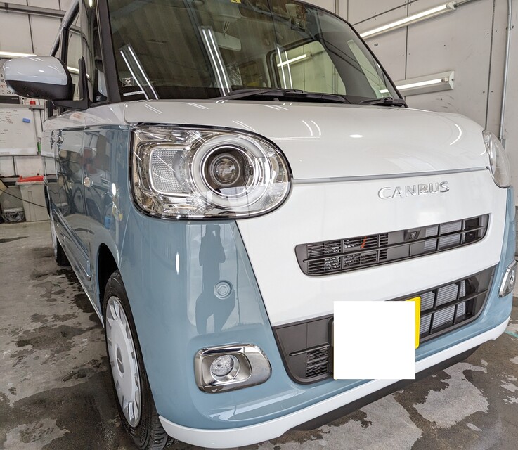 施工後　ダイハツ　キャンバス（白×水色）　車全体